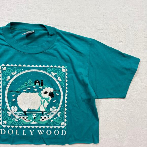 Upcycled Vintage 90s Dollywood Crop Tee Green Jerzees USA, Size Large - Picture 3 of 6